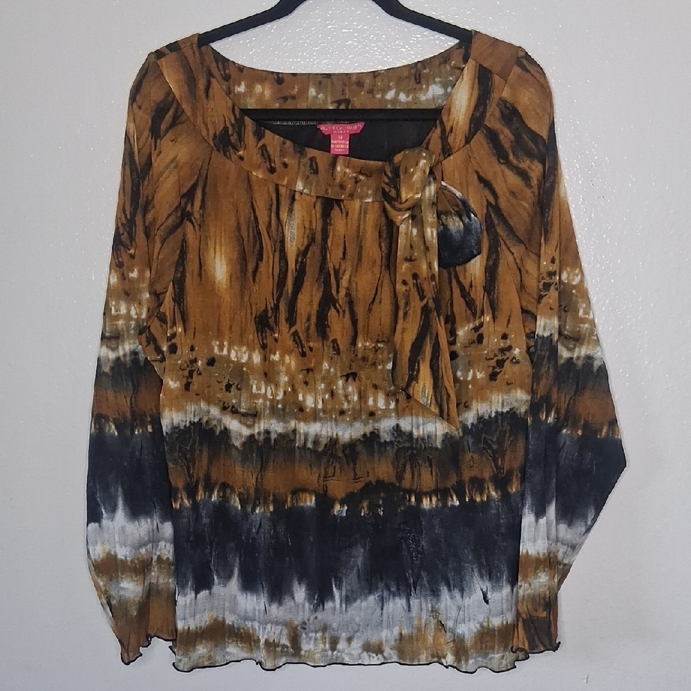 Sunny Leigh Semi-Sheer Tie-Dye Abstract Flutter Tie Detail Blouse Lined Plus 2X